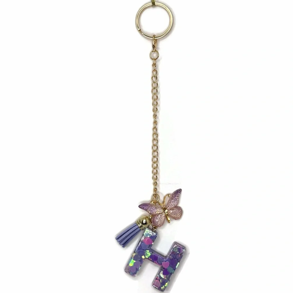 Purple Pink Hearts 'H' Butterfly Tassel Plastic Bag Charm Keychain